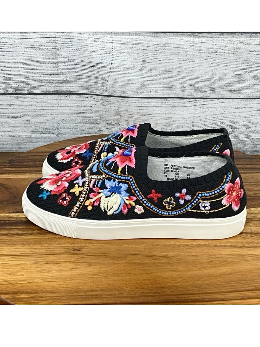 Johnny Was Festival Sneaker Black Colorful Floral Embroidery Bead Women Size 8.5